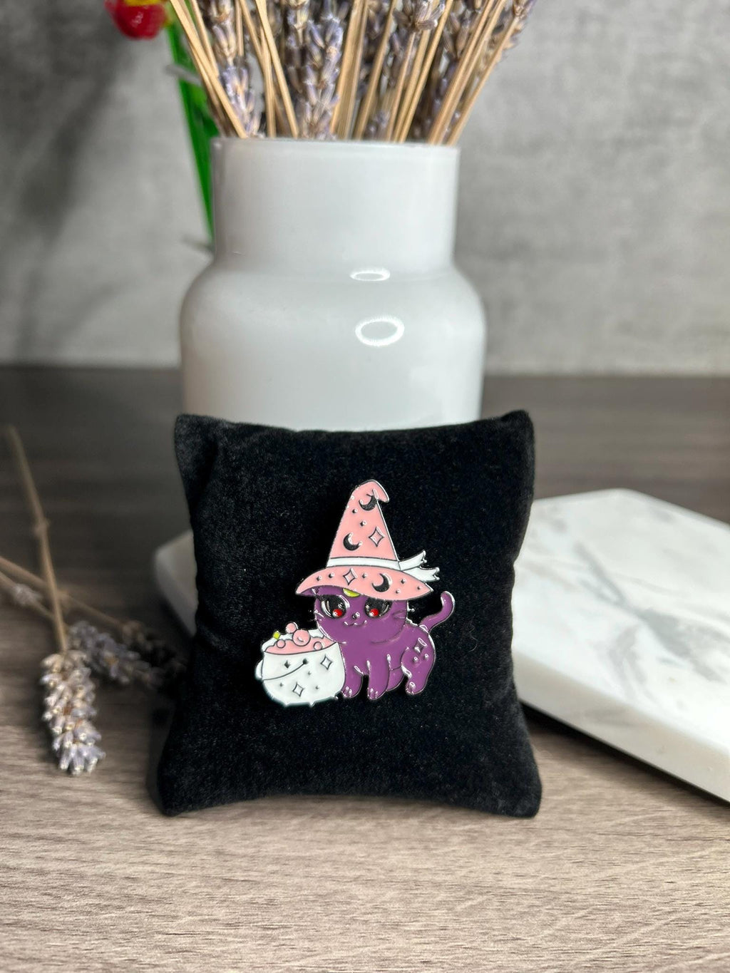 Purple Witch Cat Enamel Pin: Luna Halloween Lapel Pin