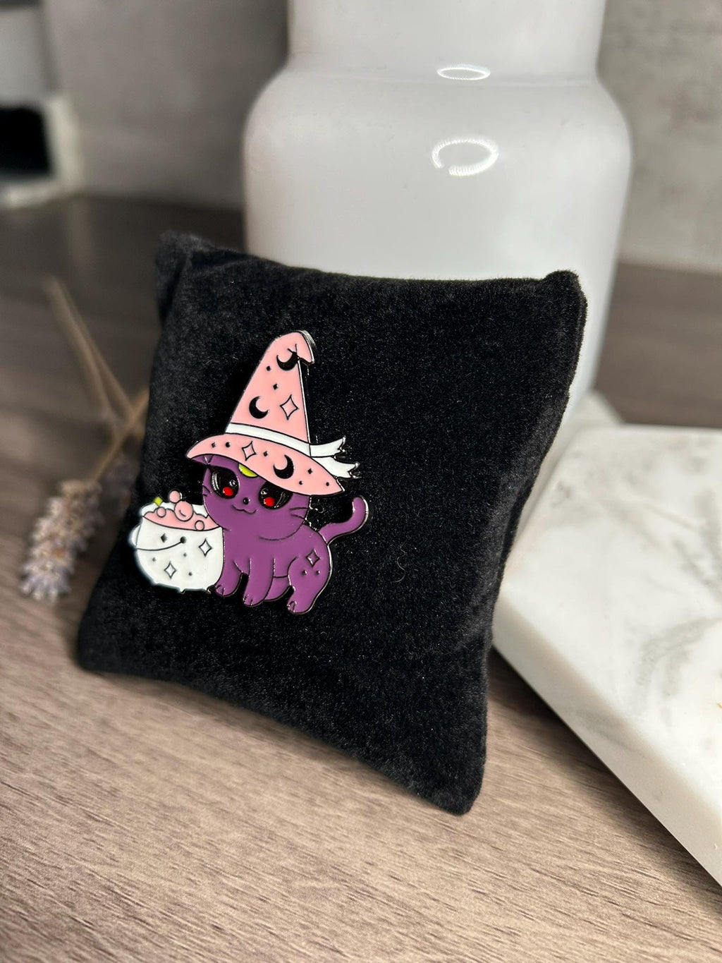 Purple Witch Cat Enamel Pin: Luna Halloween Lapel Pin
