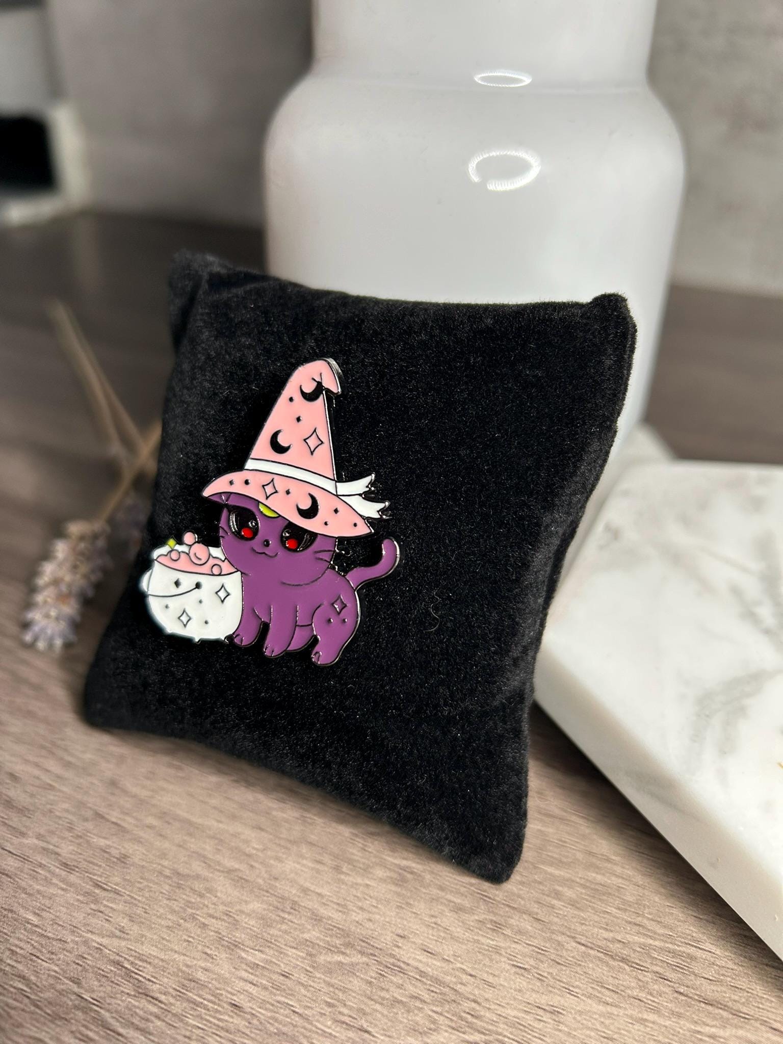 Purple Witch Cat Enamel Pin: Luna Halloween Lapel Pin