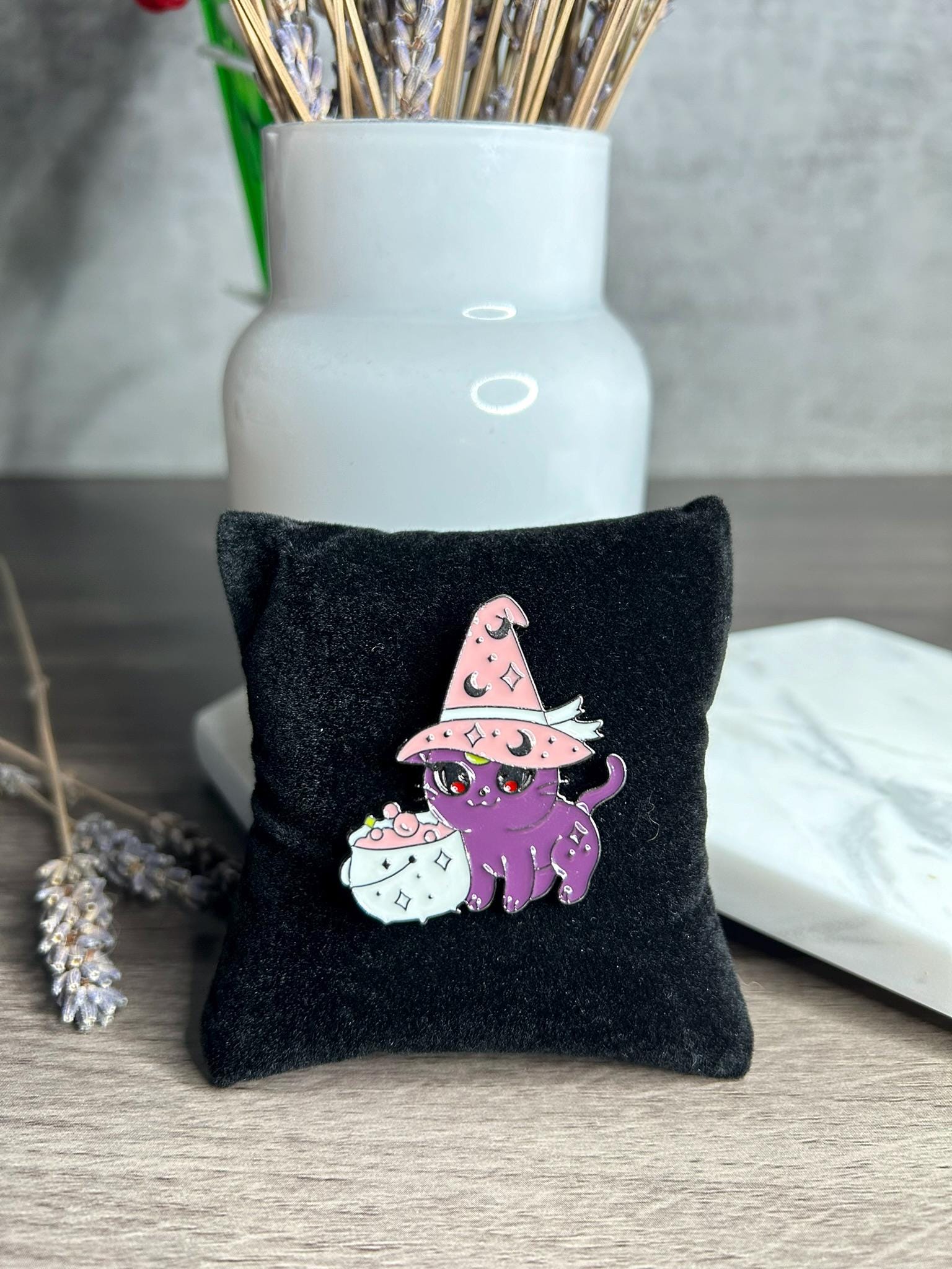 Purple Witch Cat Enamel Pin: Luna Halloween Lapel Pin