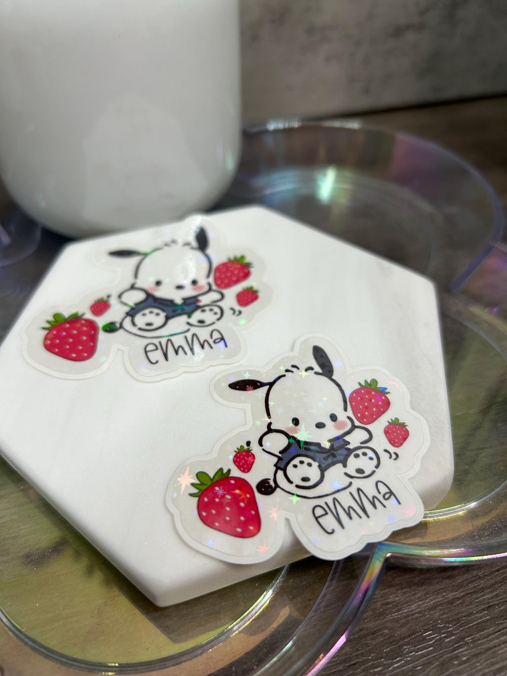 Personalized Pochacco Strawberry Die Cut Stickers - Holographic Star Overlay