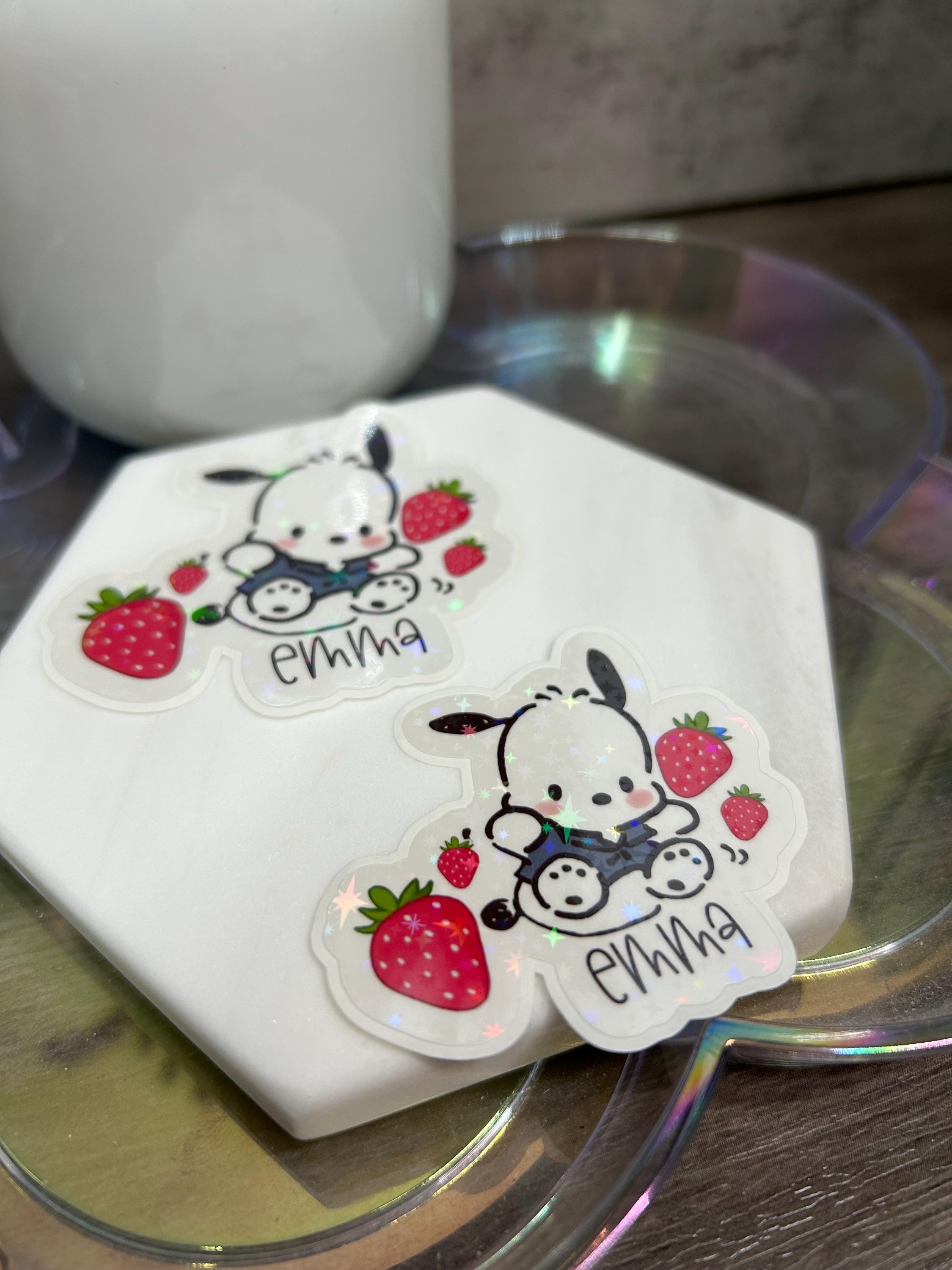 Personalized Pochacco Strawberry Die Cut Stickers - Holographic Star Overlay