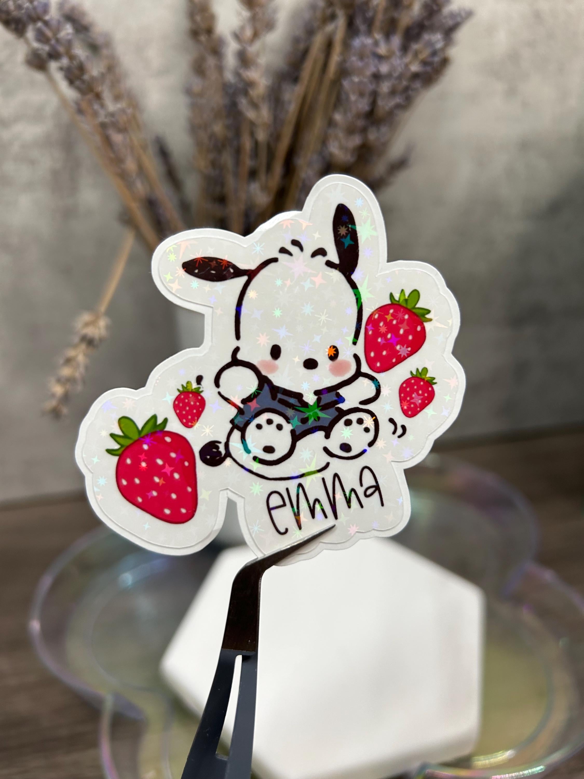 Personalized Pochacco Strawberry Die Cut Stickers - Holographic Star Overlay