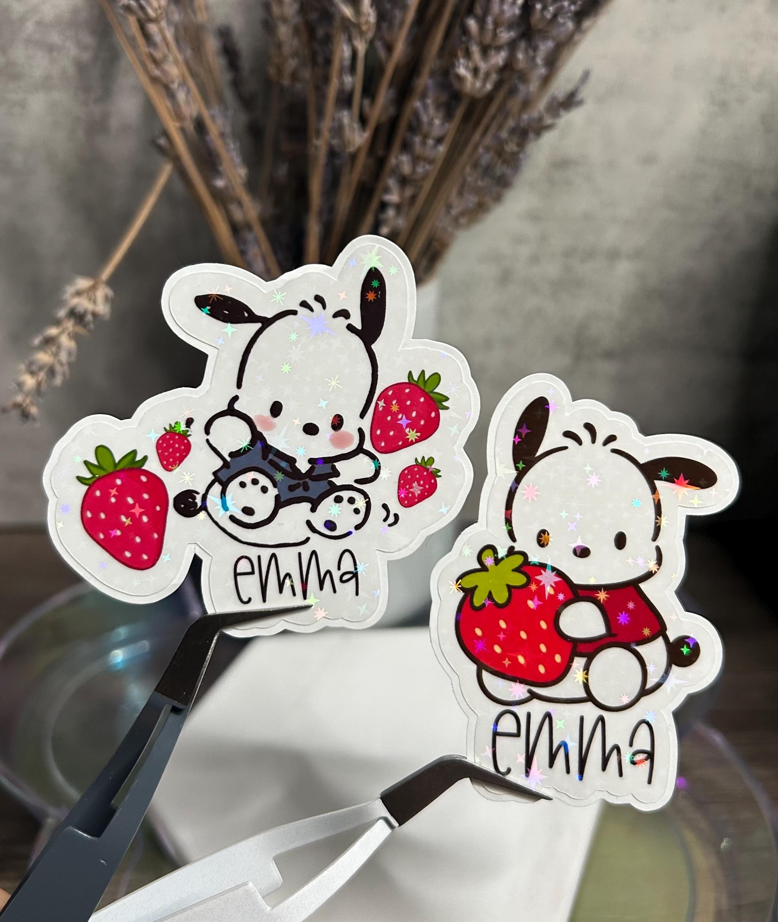 Personalized Pochacco Strawberry Die Cut Stickers - Holographic Star Overlay