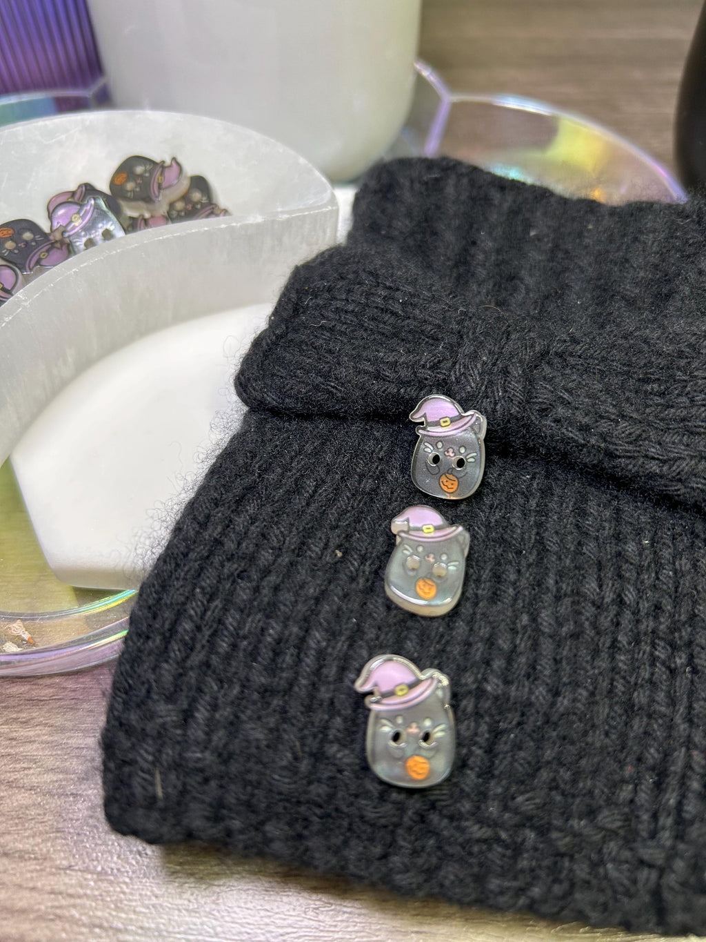 Kawaii Witch Cat Buttons - Purple Hat Halloween Kitty Sewing Buttons