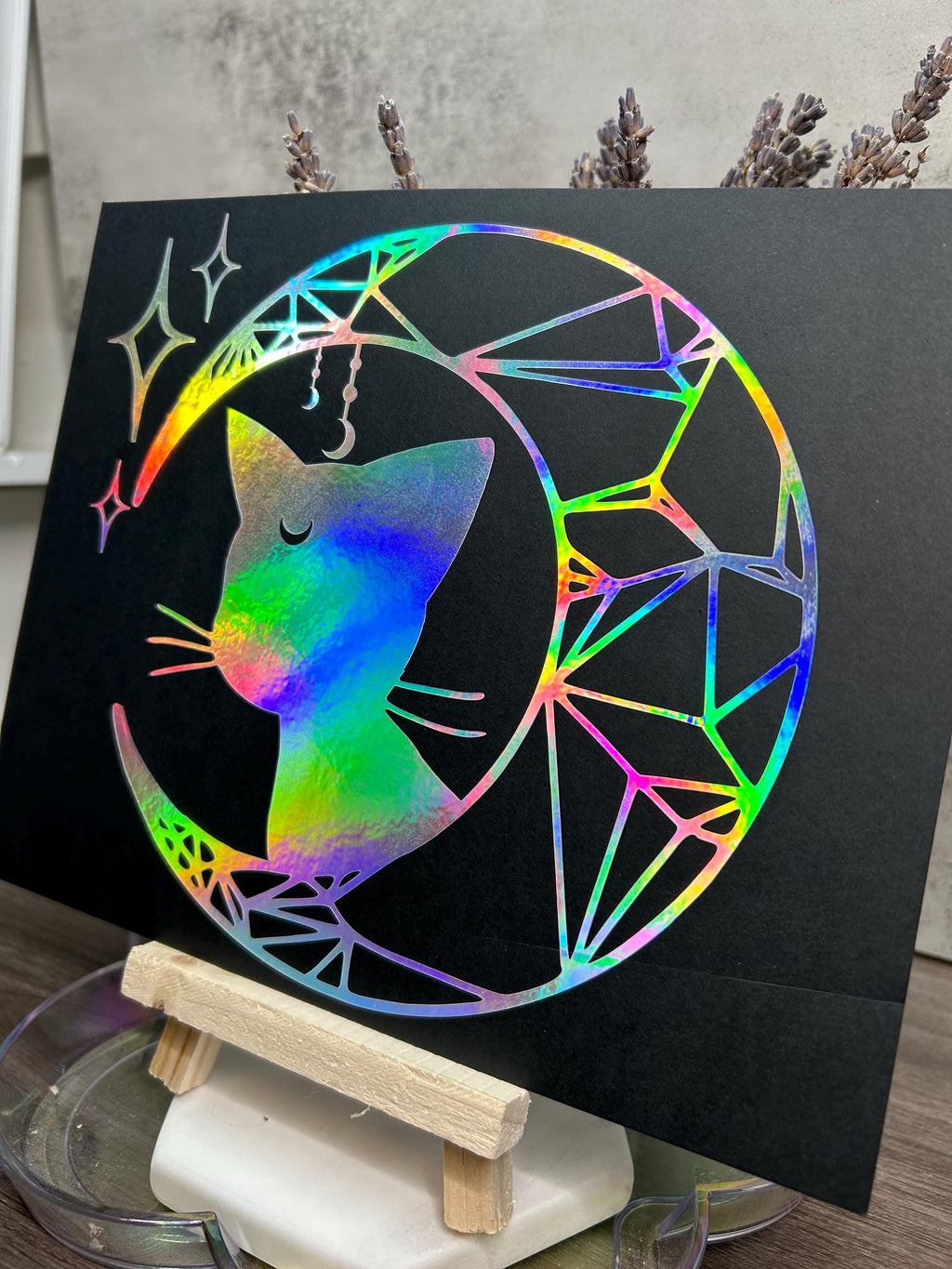 Crescent Moon Luna Cat Silver Rainbow Holographic Vinyl Decal