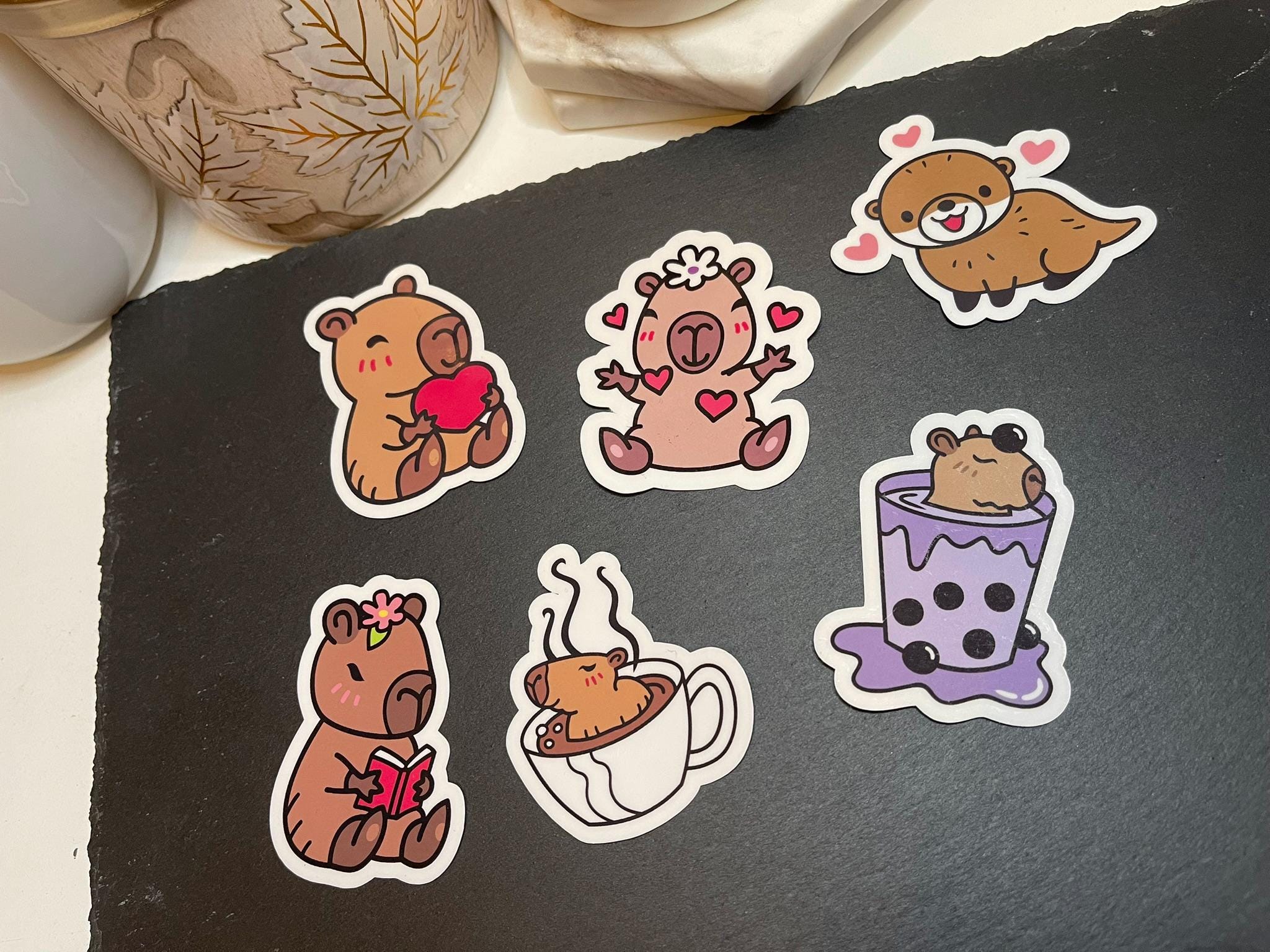 Capybara & Otter Waterproof Sticker: Coffee, Bubble Tea, Book