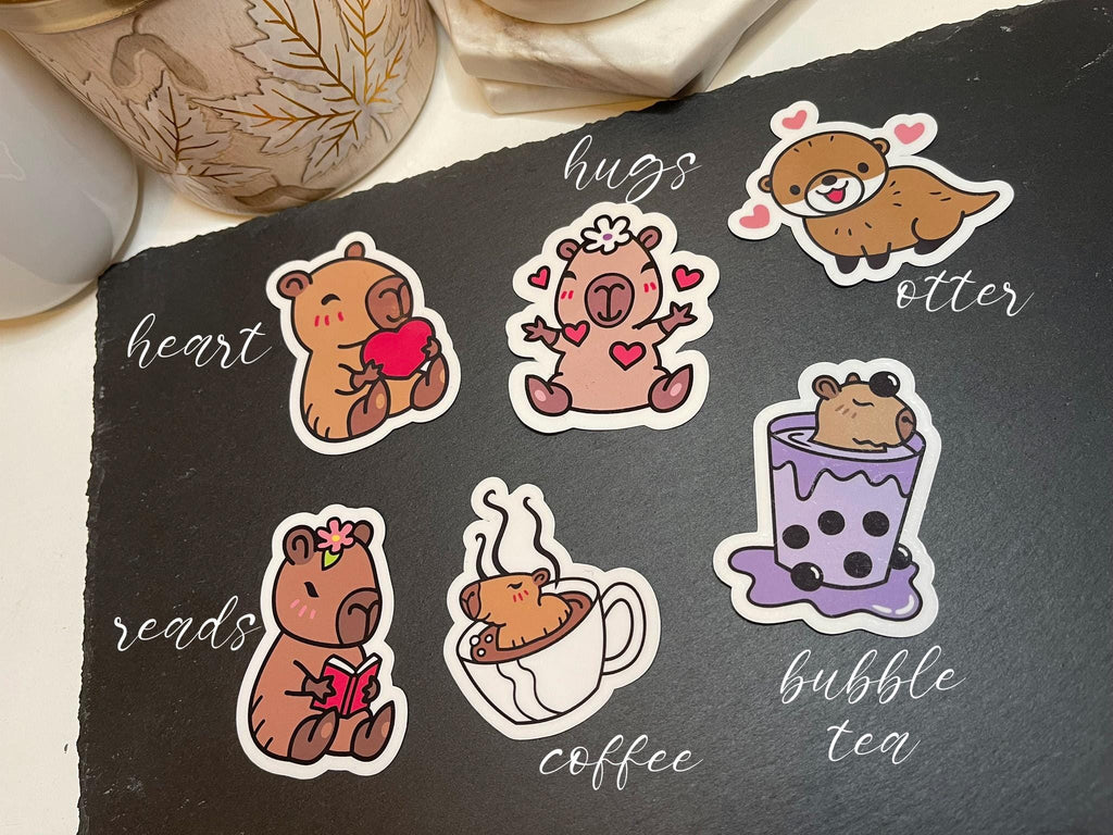 Capybara & Otter Waterproof Sticker: Coffee, Bubble Tea, Book