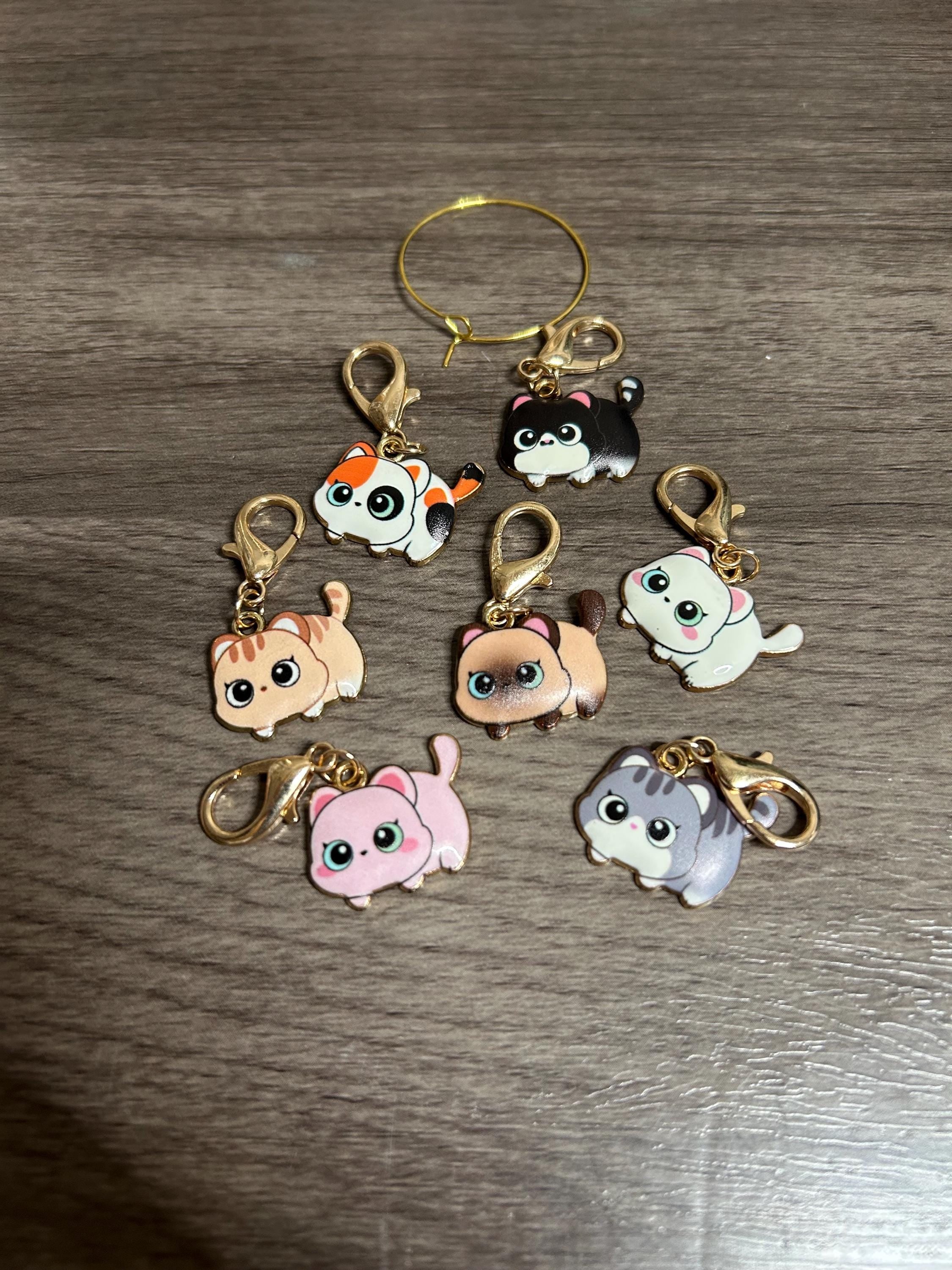 Kawaii Cat Stitch Markers - Knitting Crochet Charms, Set of 7