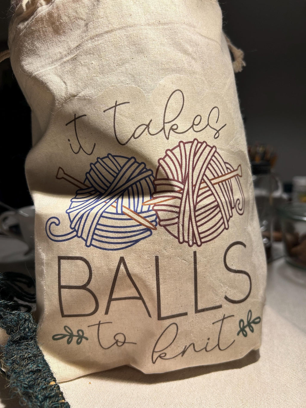 It Takes Balls To Knit Project Bag - Drawstring + Cotton; great for projects, knitting club, party favors, gifts.