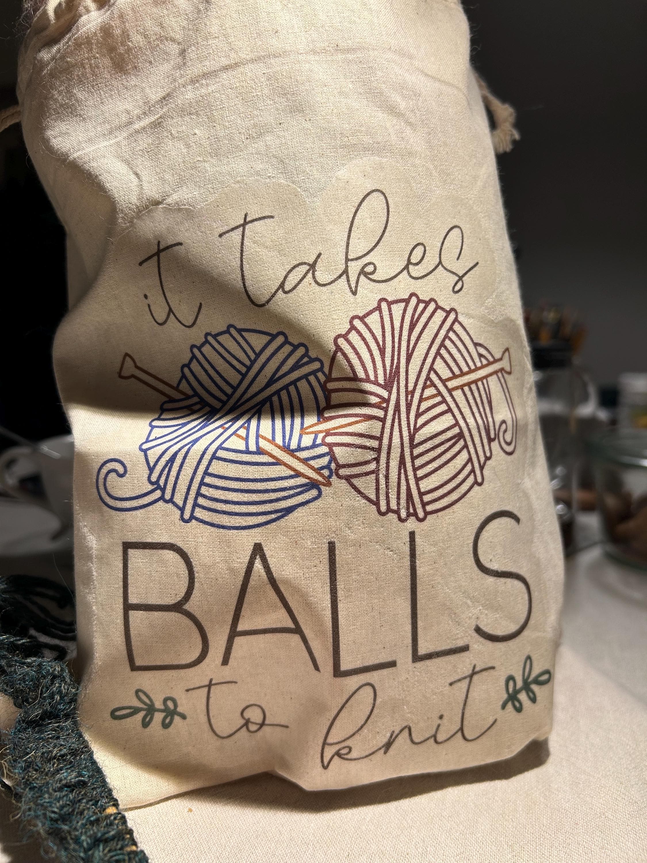 It Takes Balls To Knit Project Bag - Drawstring + Cotton; great for projects, knitting club, party favors, gifts.