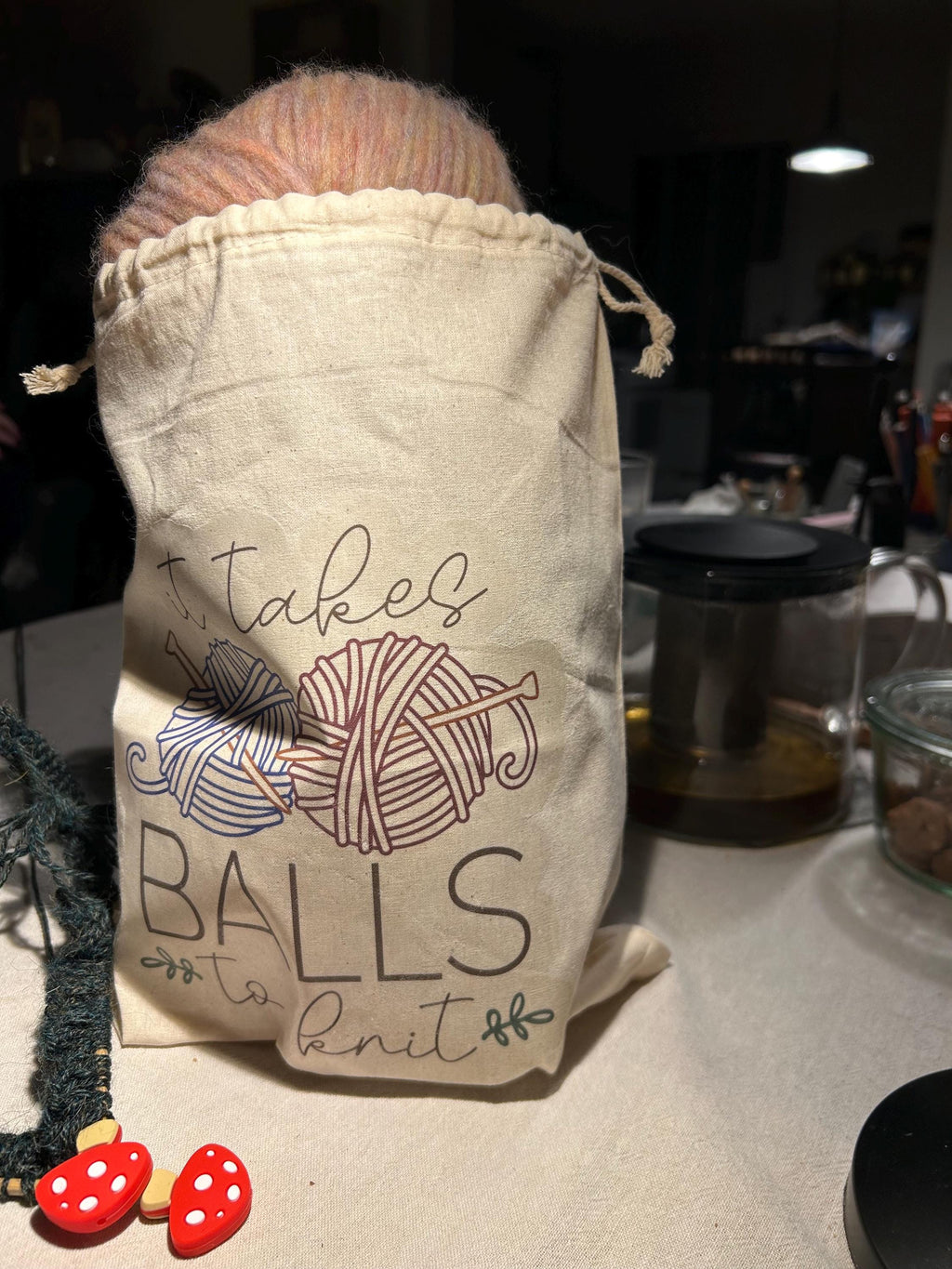 It Takes Balls To Knit Project Bag - Drawstring + Cotton; great for projects, knitting club, party favors, gifts.