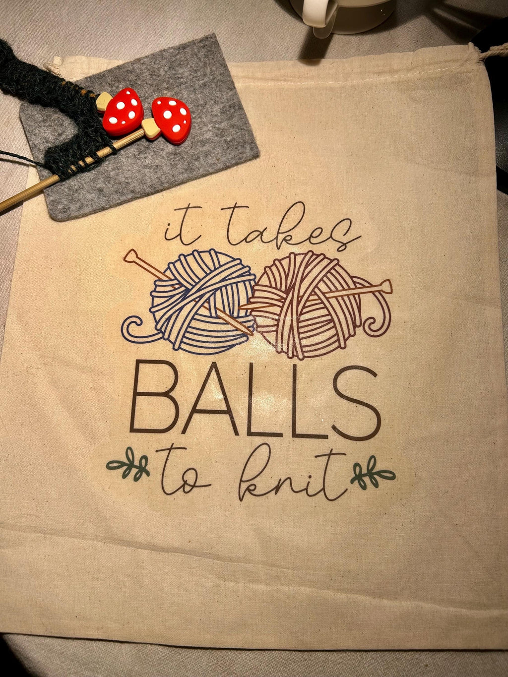 It Takes Balls To Knit Project Bag - Drawstring + Cotton; great for projects, knitting club, party favors, gifts.