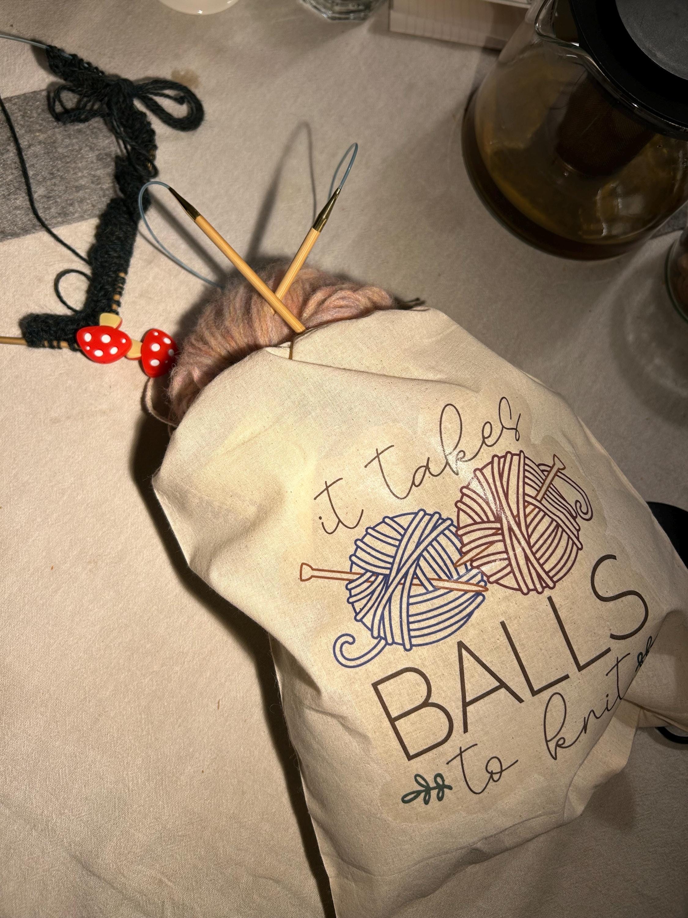 It Takes Balls To Knit Project Bag - Drawstring + Cotton; great for projects, knitting club, party favors, gifts.