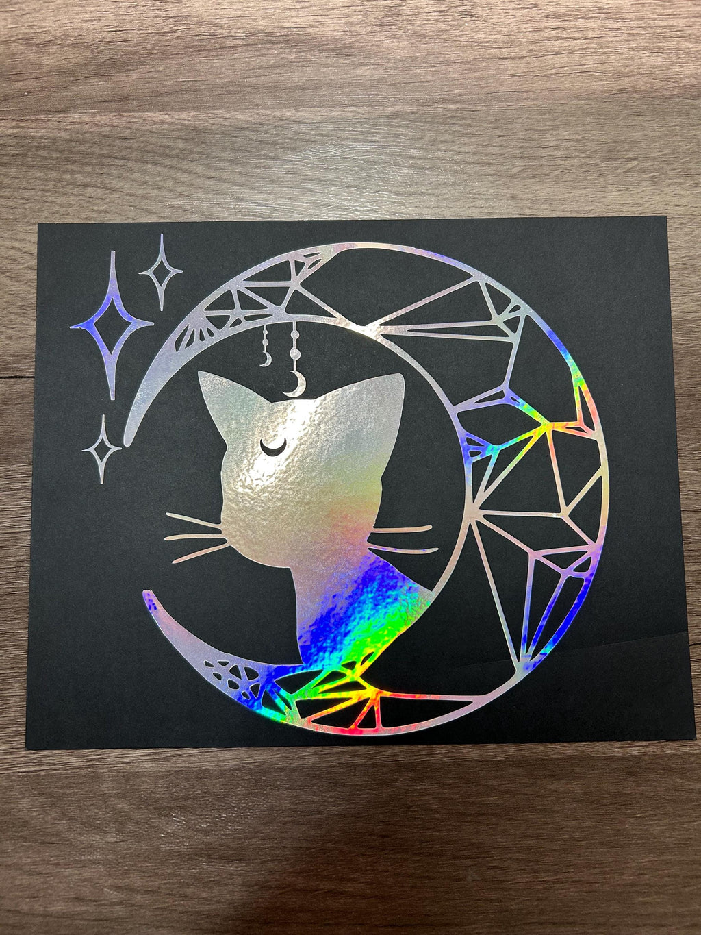 Crescent Moon Luna Cat Silver Rainbow Holographic Vinyl Decal