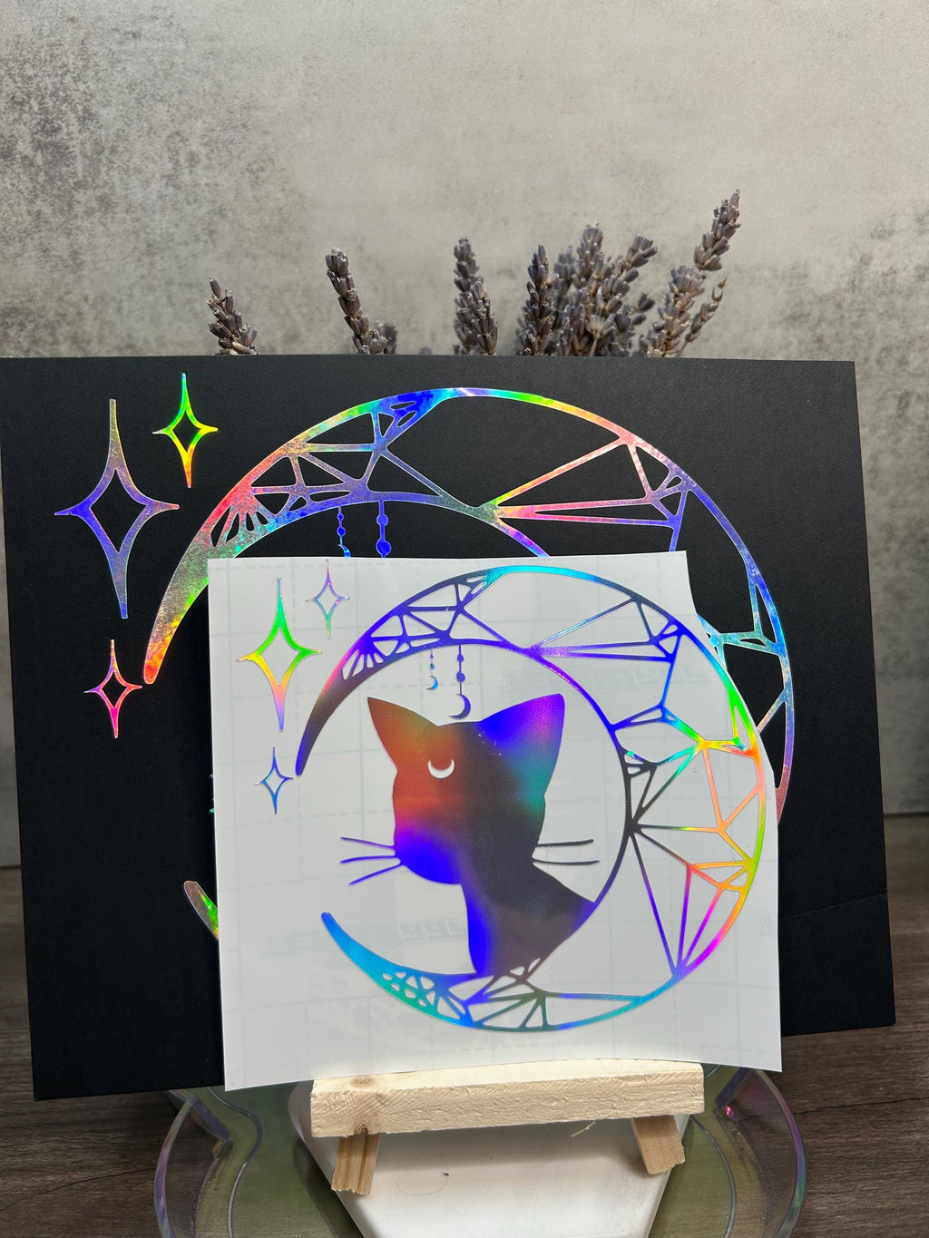 Crescent Moon Luna Cat Silver Rainbow Holographic Vinyl Decal