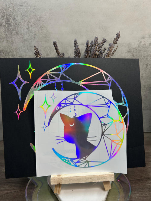 Crescent Moon Luna Cat Silver Rainbow Holographic Vinyl Decal