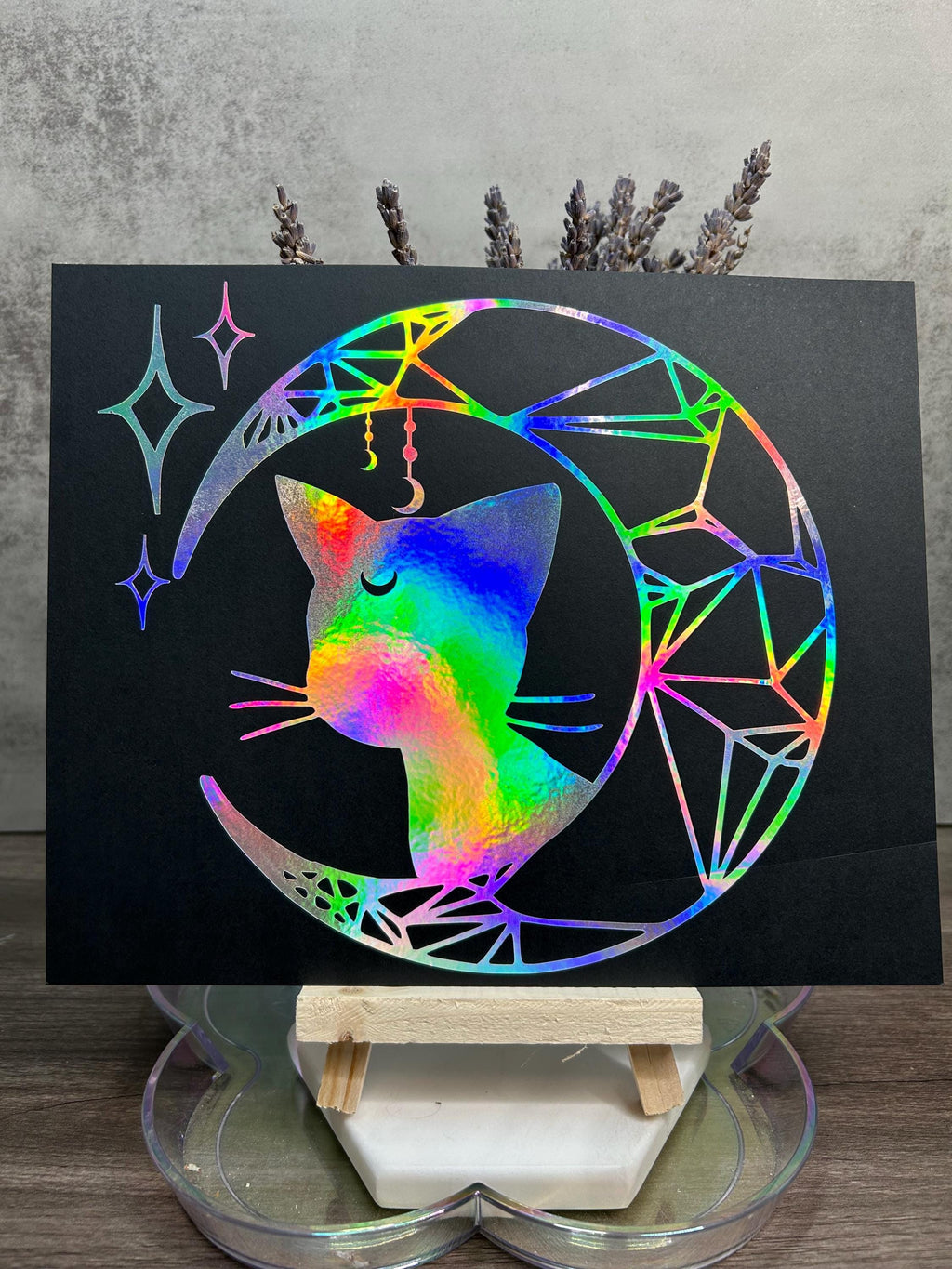 Crescent Moon Luna Cat Silver Rainbow Holographic Vinyl Decal