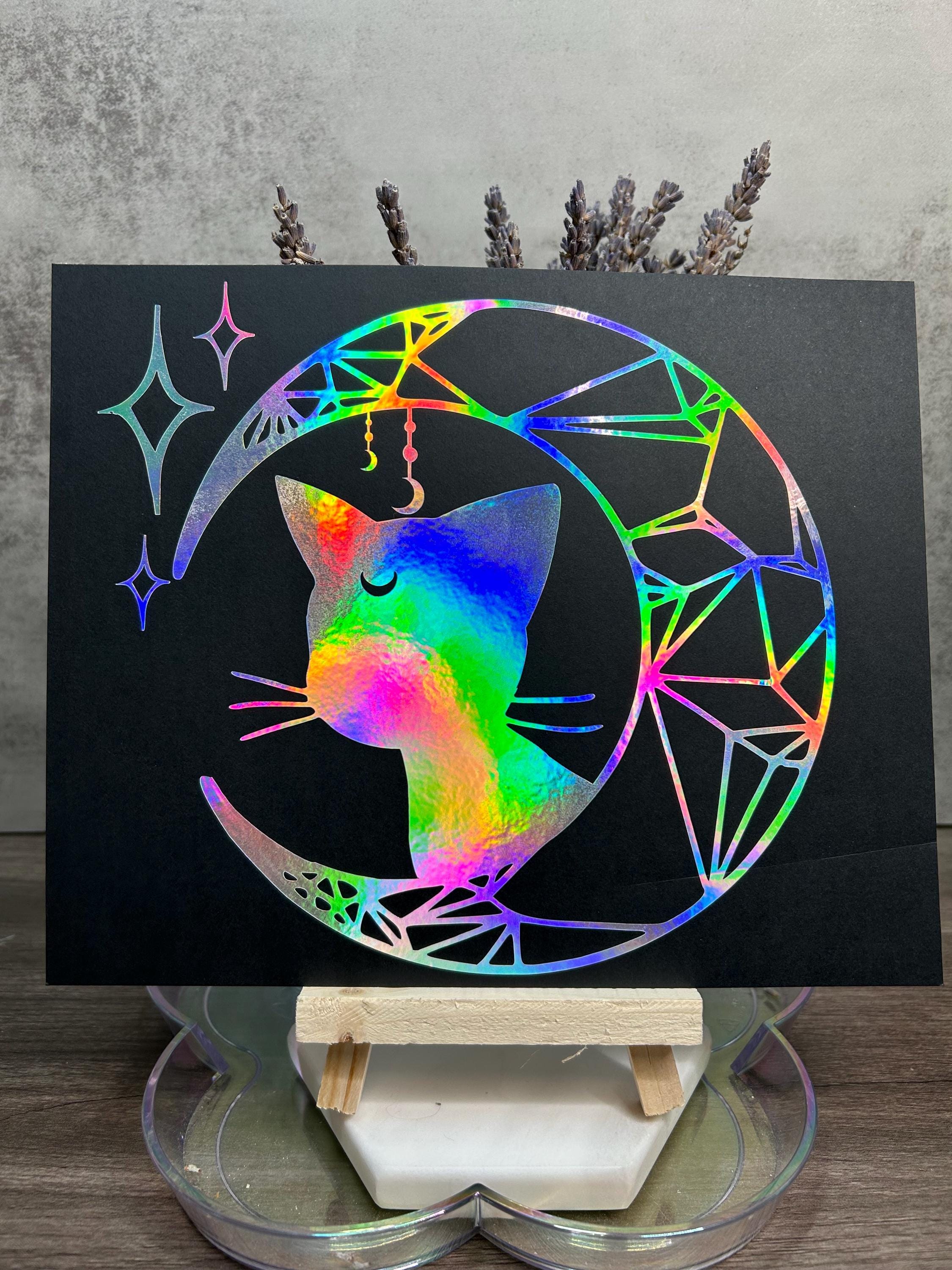 Crescent Moon Luna Cat Silver Rainbow Holographic Vinyl Decal