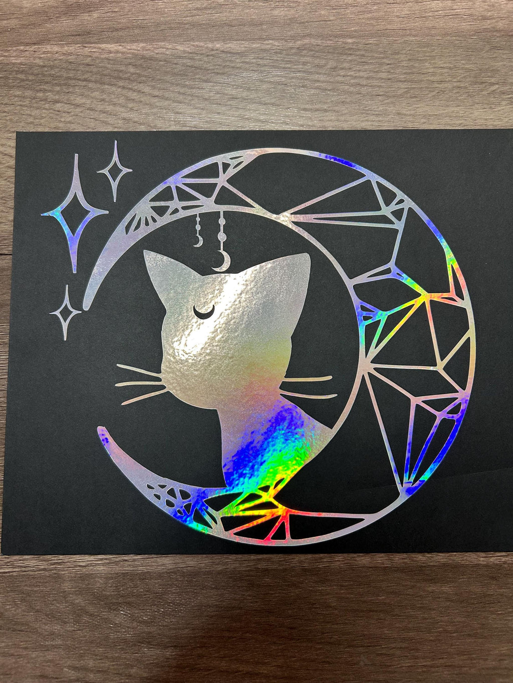 Crescent Moon Luna Cat Silver Rainbow Holographic Vinyl Decal