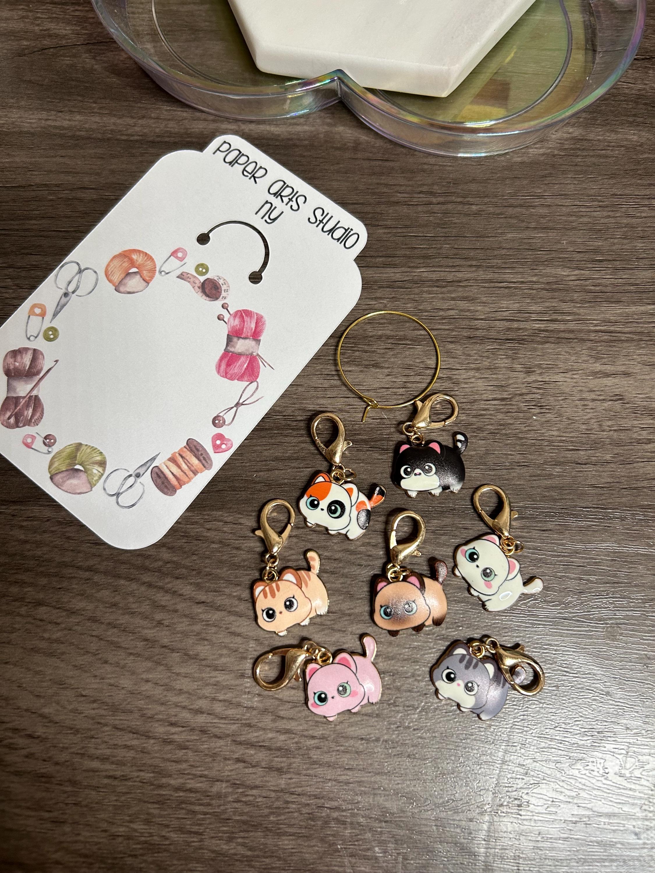 Kawaii Cat Stitch Markers - Knitting Crochet Charms, Set of 7